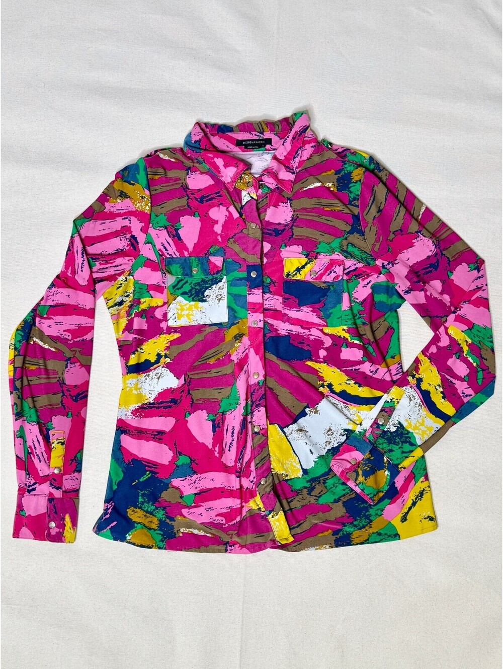 BCBGMaxAzaria XL Multicolor Abstract Floral Snap Button Shirt Tunic